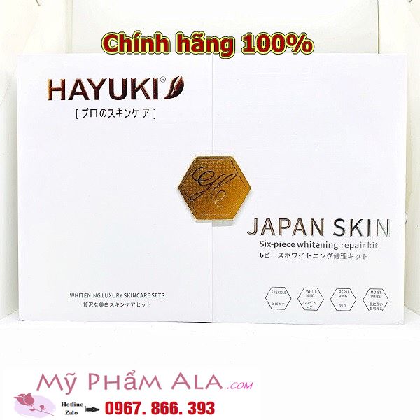 Bộ sản phẩm Hayuki 6in1 được cải tiến nâng cao chất lượng kem trị nám, trắng da, trị đồi mồi, tàn nhang ,cũng như bao bì và nhãn mác. Sản phẩm Hayuki 6in1 được xem là bí quyết làm đẹp hàng đầu của phụ nữ Nhật Bản và phụ nữ toàn thế giới. Thành phần chính : Arbutin, chiết xuất Omega A, tinh dầu đậu nành, HA, Nước khử ion hóa, bạch quả, lúa mạch, lô hội, lá dâu tằm, Vitamin E, A,D, 16hpi, Chiết xuất hạt sen…